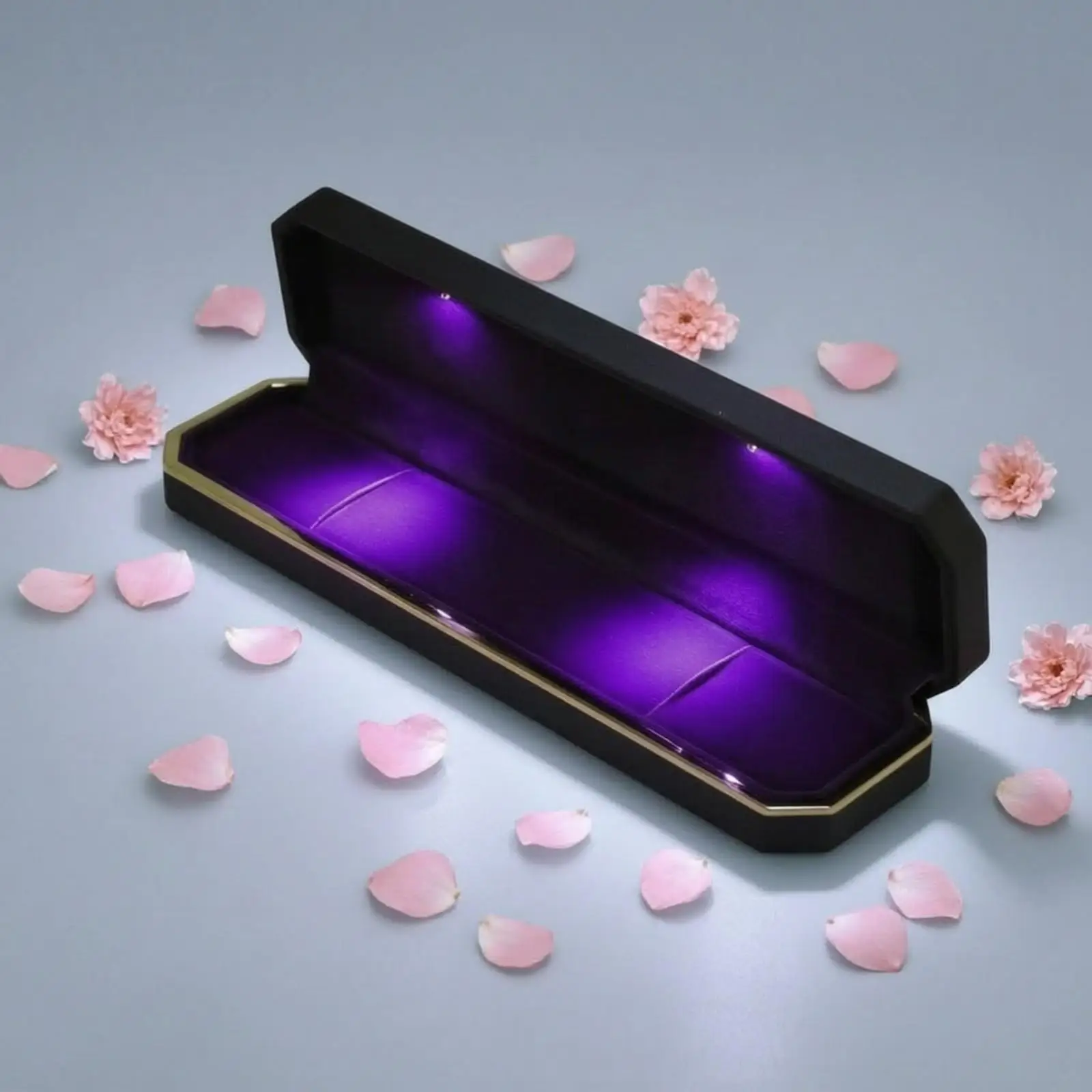 LED Lighted Jewelry Organizer Box Octagonal Design with Lilac Velvet Insert for Necklace Bracelet Pendant Earring Storage