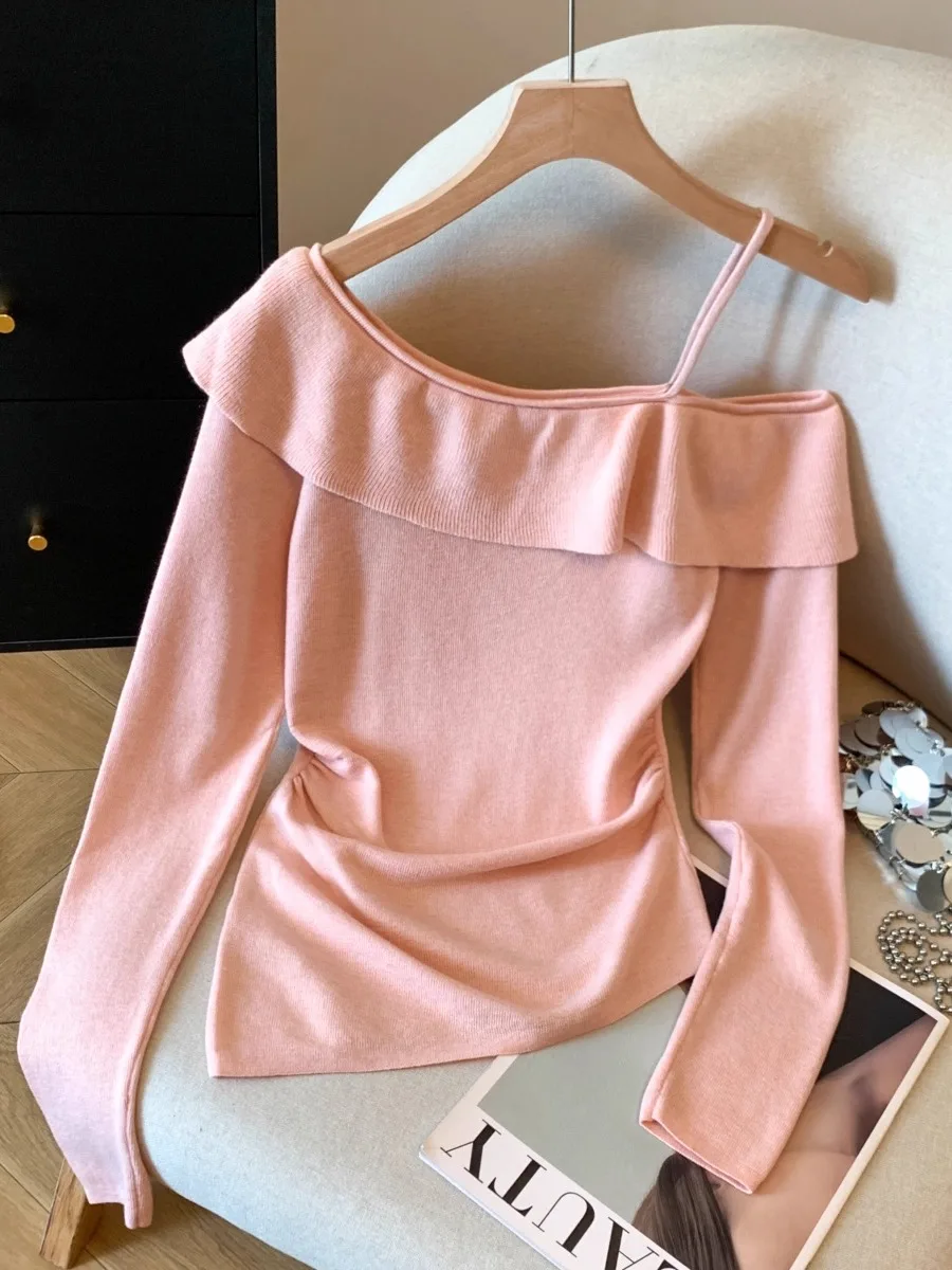 

Женская трикотажная блузка с открытыми плечами и длинными рукавами, осенне-зимняя новинка в корейском стиле, омолаживающая, с кружевной отделкой, базовая рубашка