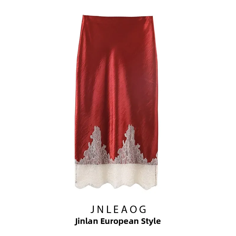 JNLEAOG Fashionable Simple Lace Trimmed Silk Feel  Skirt Women's Clothing Autumn New Style Casual Straight Tube Skirt