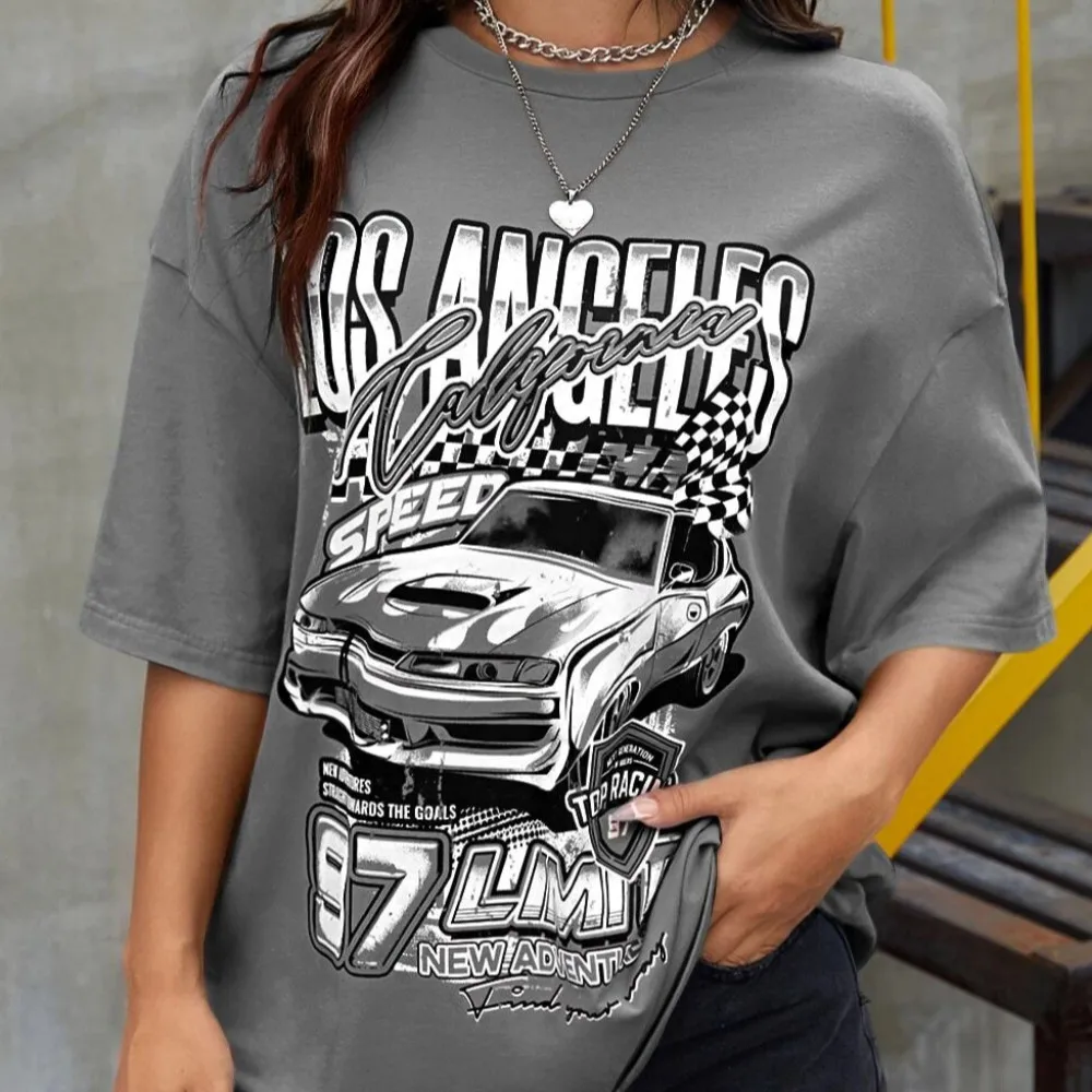 2024 Nowa moda uliczna Letni top z krótkim rękawem Y2K Style Racing Art Print Wysokiej jakości wygodny damski modny T-shirt