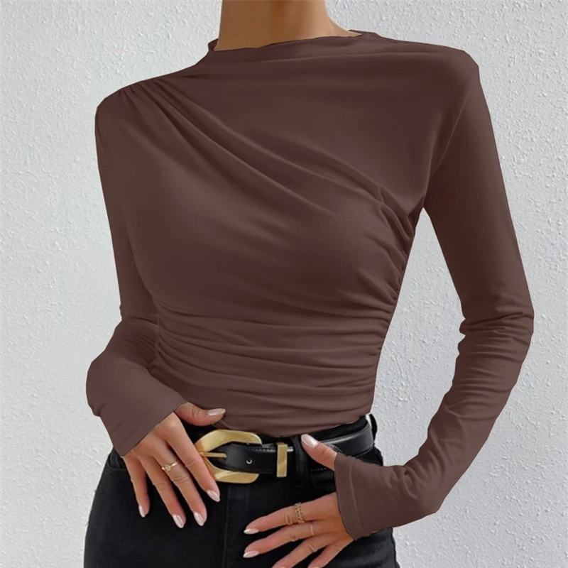 Pleating Design Long SleeveTWomen\'s Solid Color Slim Bottoming Shirt All-Matching round Neck T-shirt