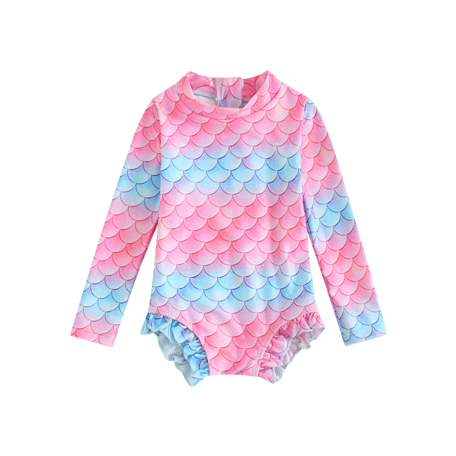 

Toddler Girls Rash Guard Swimwear Long Sleeve Floral/Shell/Fish Scale Print Ruffled Swimsuits Zipper Bathing Suits Sportswear