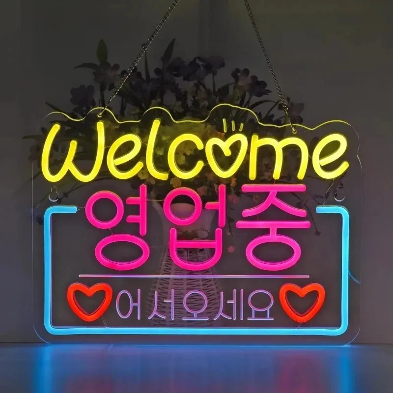 

Корейская вывеска, неоновая приветственная распродажа, неоновый свет, подвесной для ресторана, магазина, кафе, бара, декор для вечеринки, USB с регулируемой яркостью