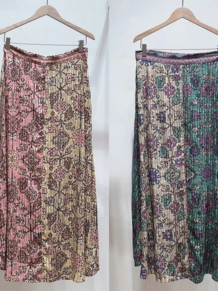 Bohemian Print Half-length Skirt Women's A-line Midi Skirt Color Block Vintage Summer 2026 Mid-waist Cotton Blend Skirt