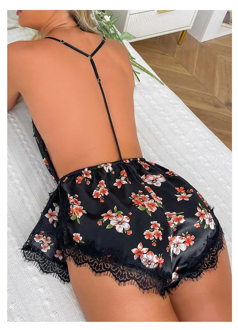 Sexy Damenbekleidung für Erwachsene, Versuchung, Leibchen, Shorts, Pyjama, einteiliges Nachthemd aus Eisseide, einfarbig, V-Ausschnitt, Loungewear – Detail 6