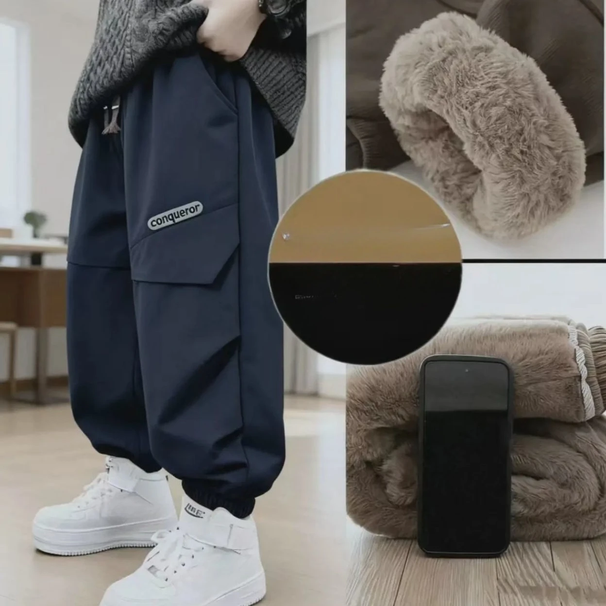 Boys Faux Rabbit Fur Lined Cargo Pants Winter Warm Sweatpants Kids Casual Joggers Trousers Children Outdoor Clothing