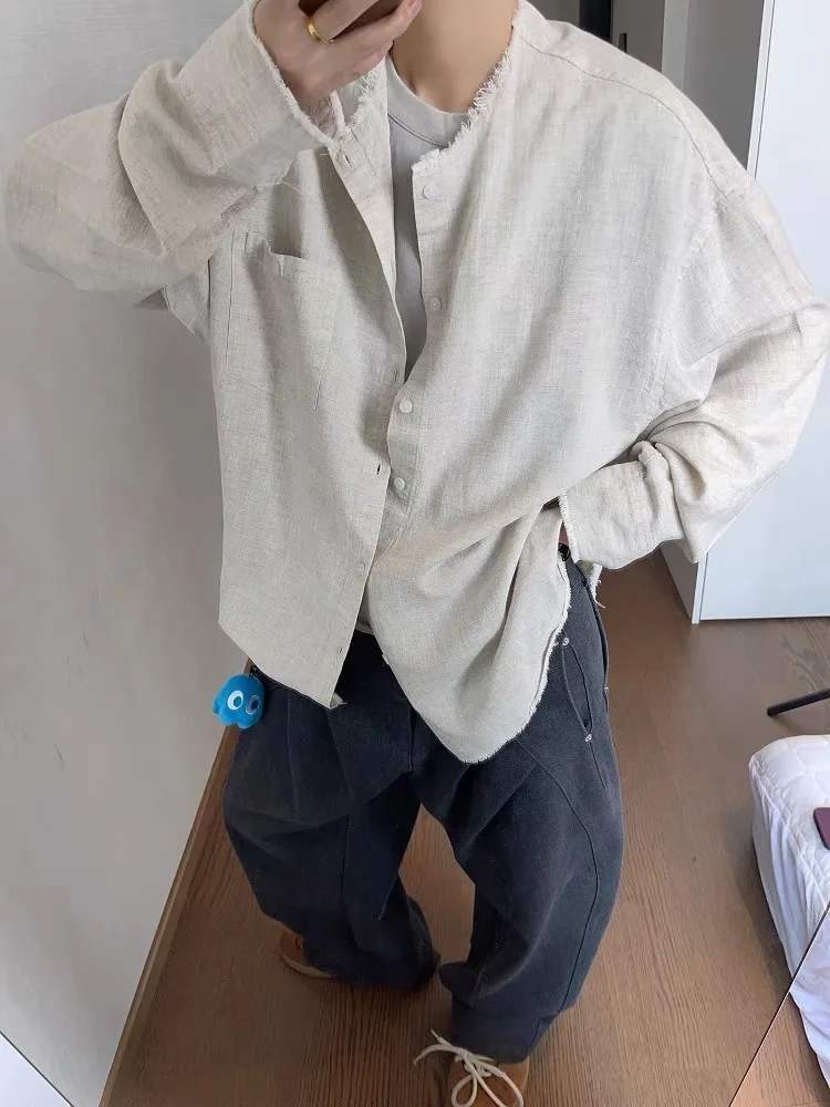 

Summer American Retro Loose Fit Lazy Hemline Linen Long Sve Casual irt Men's Sun Protection Casual Wear Stand Fit