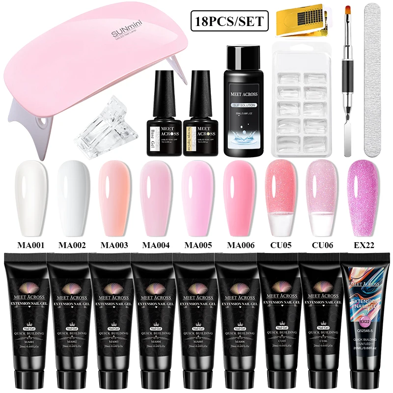 

18PCS Nail Extension Gel Kit with Builder Gel, Base & Top Coat, Slip Solution, 9 Colors Pink Nude, Nail Lamp & Tools Full Set