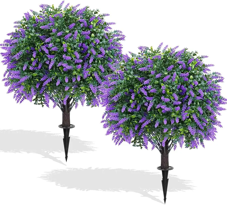 

Artificial Lavender Topiary Ball Trees,2 Set of 16'' UV Resistant Fake Evergreen Shrubs Bushes Plants with Ground Spike, Fake Pl