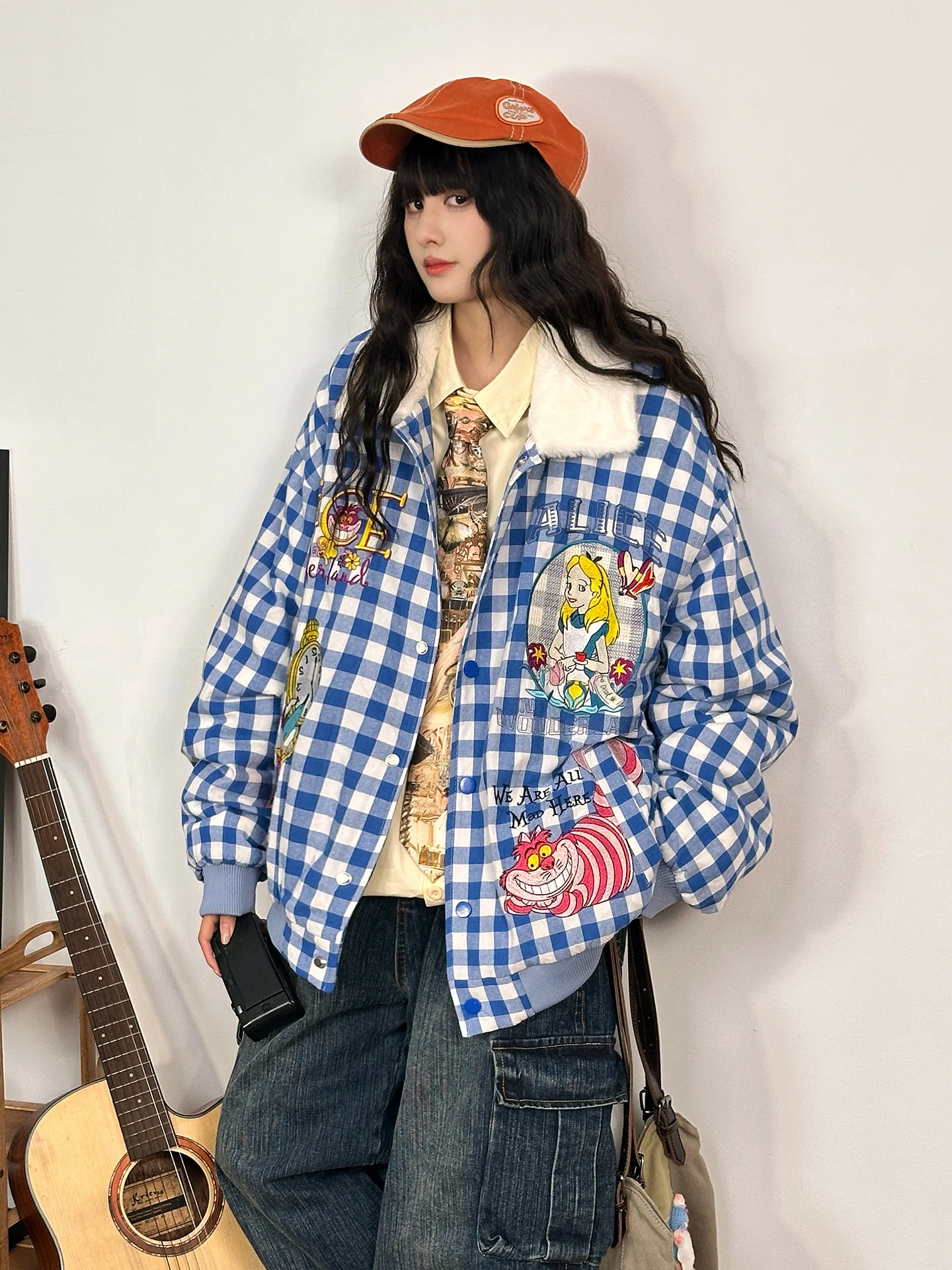 

Original American Sle Cartoon Plaid Cotton Jaet Women's Winter New Loose Cotton Padded Coat Trendy Streetwear