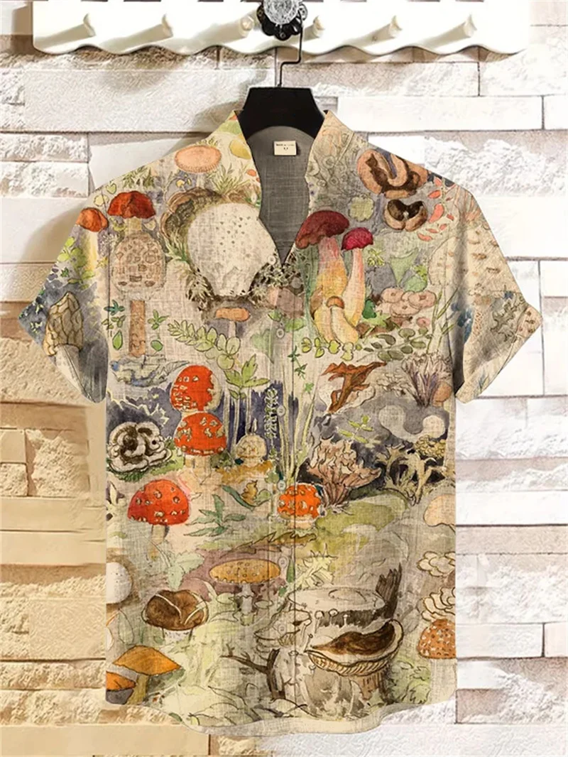 New style and retro style linen short sleeved shirt for men with gold background and red maple leaf print casual top