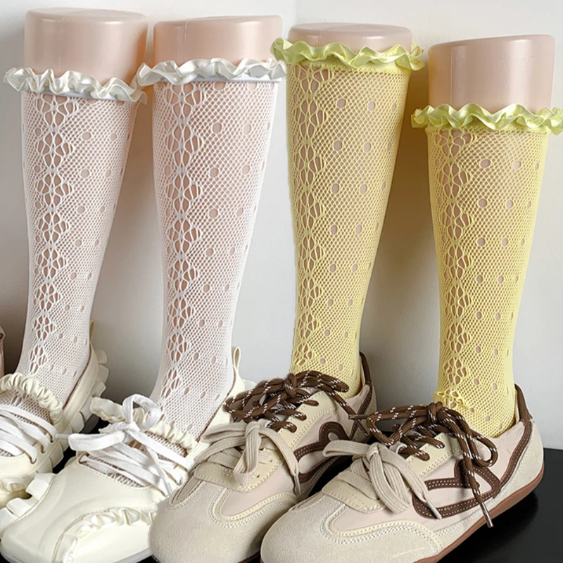 Women Stockings Korean Solid Color Dopamine Sweet Sexy Fashion Simple Versatile Lace Hollow Lolita JK Pile Calf Socks for Girls