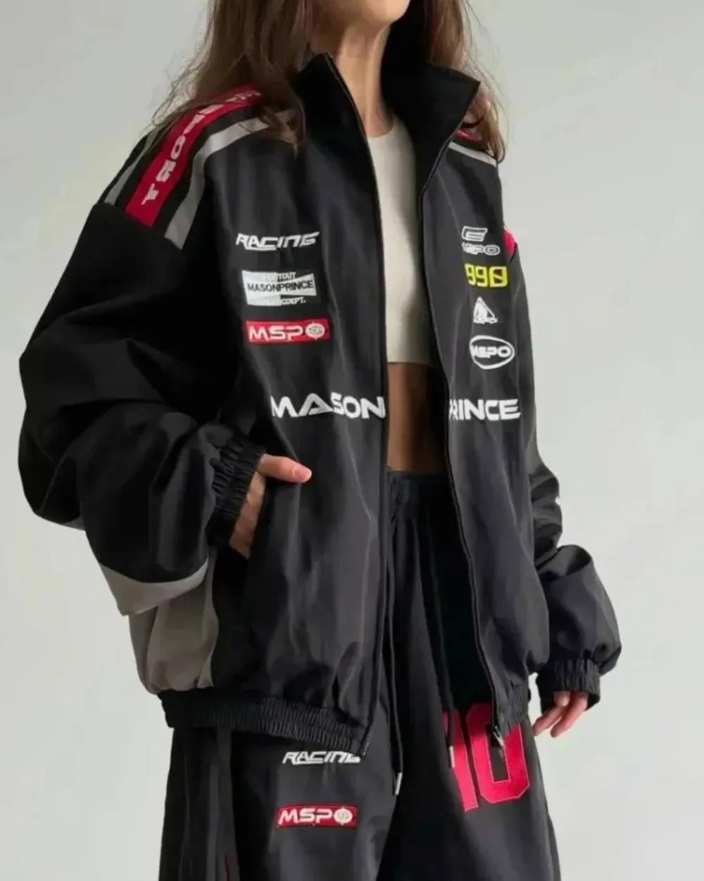 American Retro Black and Red Patchwork Racing Suit Set Embroidered Slogan for Women Loose Jacket Wide Leg Workwear Sports Pants
