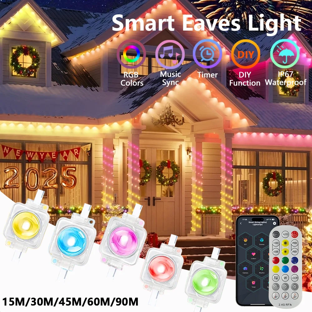 Smart Permanent Outdoor String Lights IP67 Waterproof RGB Eaves Lights APP Remote Control Music Sync for Party Festivals Decor