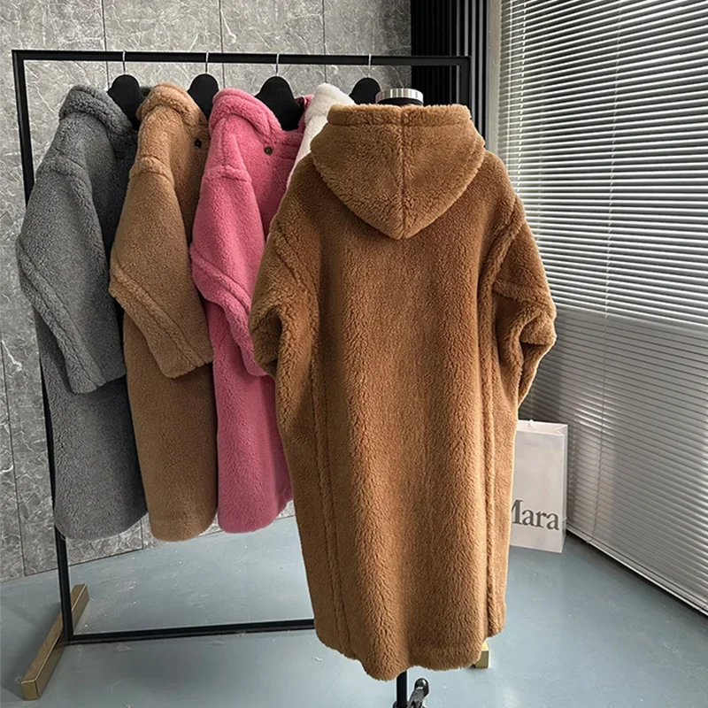 Handmade Hooded Thick Teddy Bear Coat Long Women Loose New Autumn Winter Real Fur Alpaca Wool Silhouette Coat Plus Size Overcoat