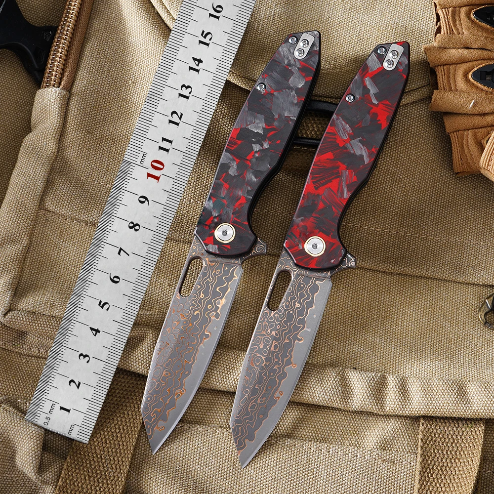 Red Carbon fiber Folding Knife Yellow Copper Damascus VG10 Steel Blade Easy Carrying Pocket Camping Survival Outdoor EDC Knives