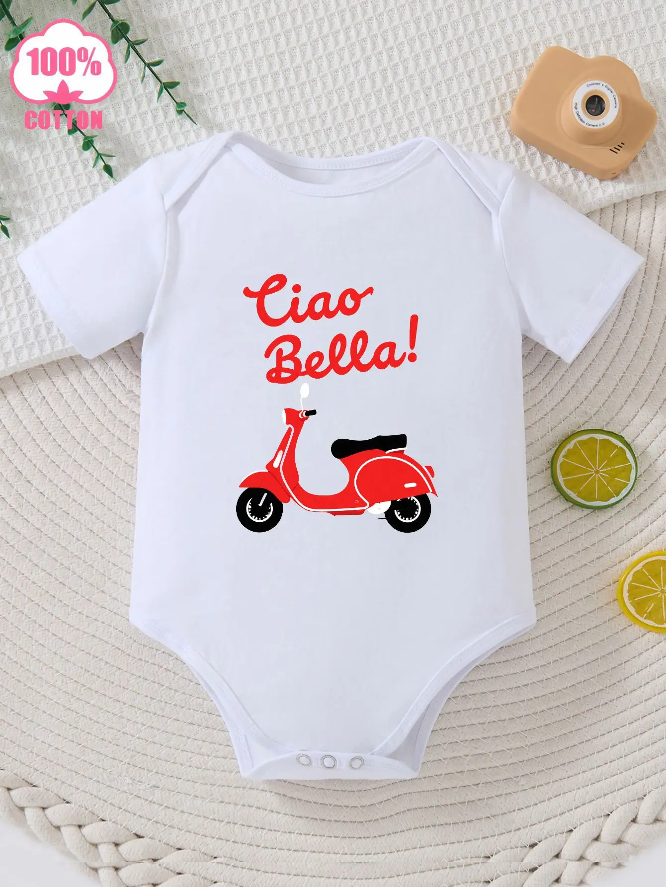 Romper, Short-Sleeved and Cute in Style, Printed with A Red Vintage Motorcycle Pattern and English Phrase Ciao Bella! on Top