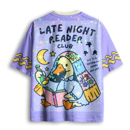 Late Night Reader Club Cute Reading Duck Print Men V Neck Mesh Jersey Kawaii Short Sleeve Top