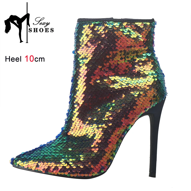 Women Pointed Toe Sequined Ankle Boots Luxury Design Bling Party Dress Shoes 2024 New 10CM High Heels Short Boots Female Booties