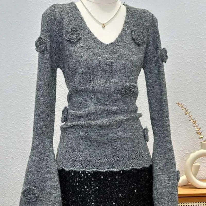 Korean Women V-Neck Long Sleeve Knitted Sweater Spring Autumn 3D Flower Knitting Sweater Fashion Temperament Knitwear Tops Soft