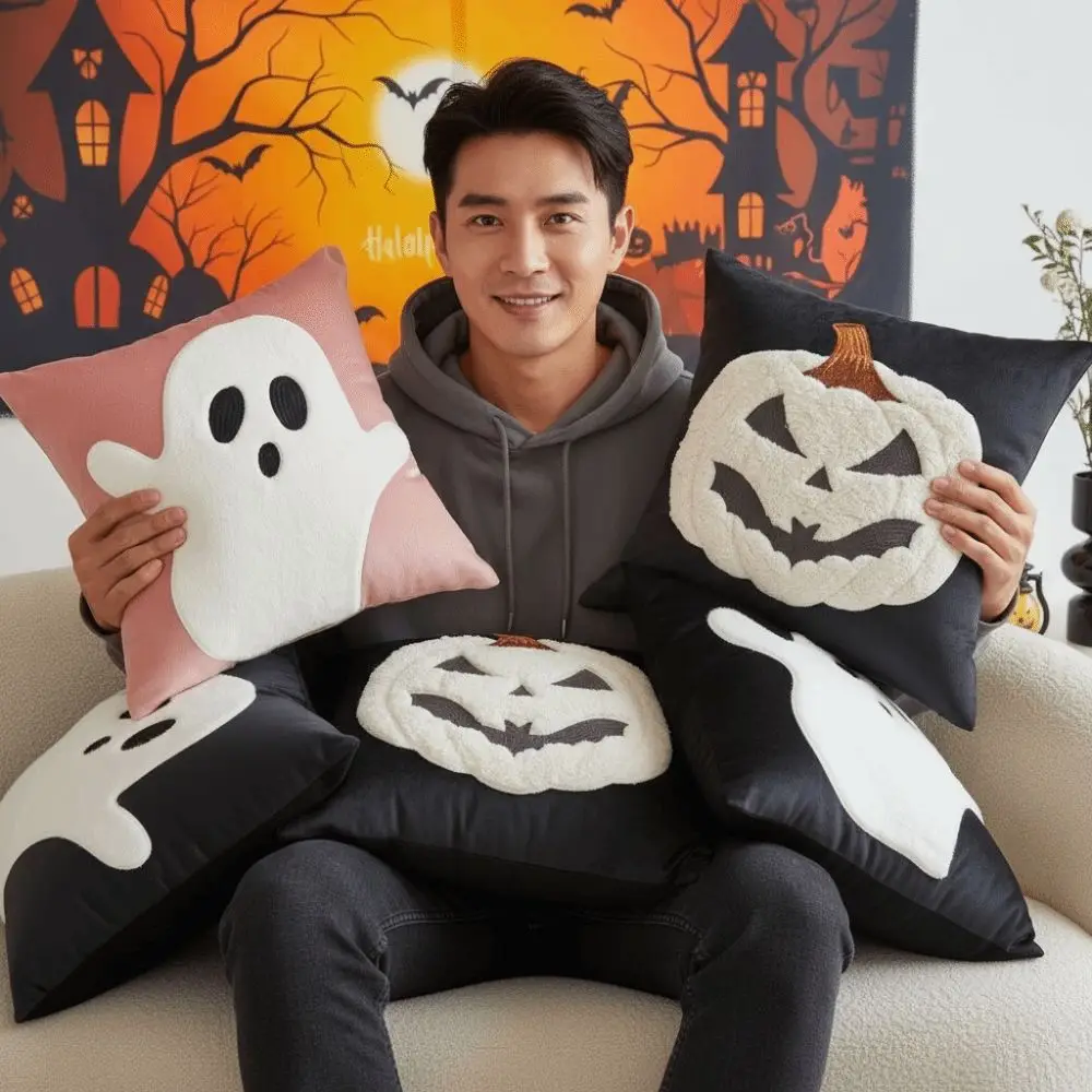 Soft Plush Pumpkin Pillow Case Square Shape Warm Texture Halloween Cushion Cover Hidden Zipper Fluffy Fabric Ghost Cushion Shell