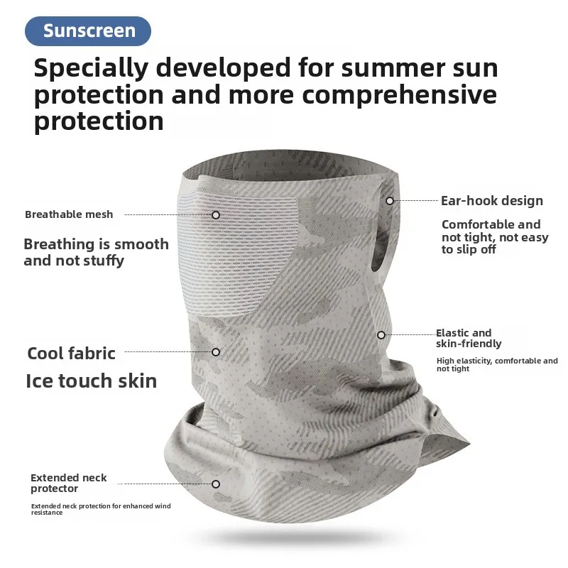 Lightweight Cycling Summer Ice Silk Seamless Sunscreen Face Mask Scarf with UV Protection Breathable Ear Loop Neck Cover for Men