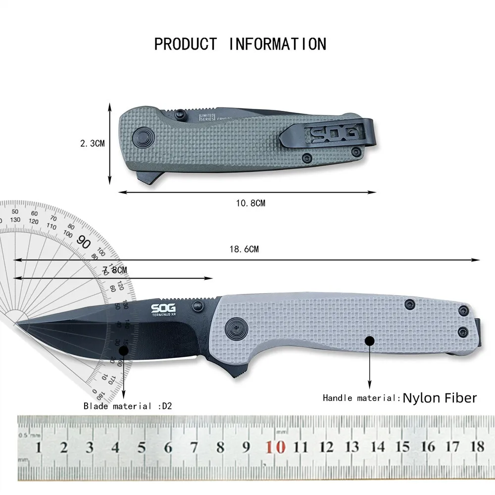 Terminus XR Folding Knife Clip Point D2 Steel Black Blade Nylon Fiber Handle Outdoor Camping Hunter Knives Tactical EDC Tool