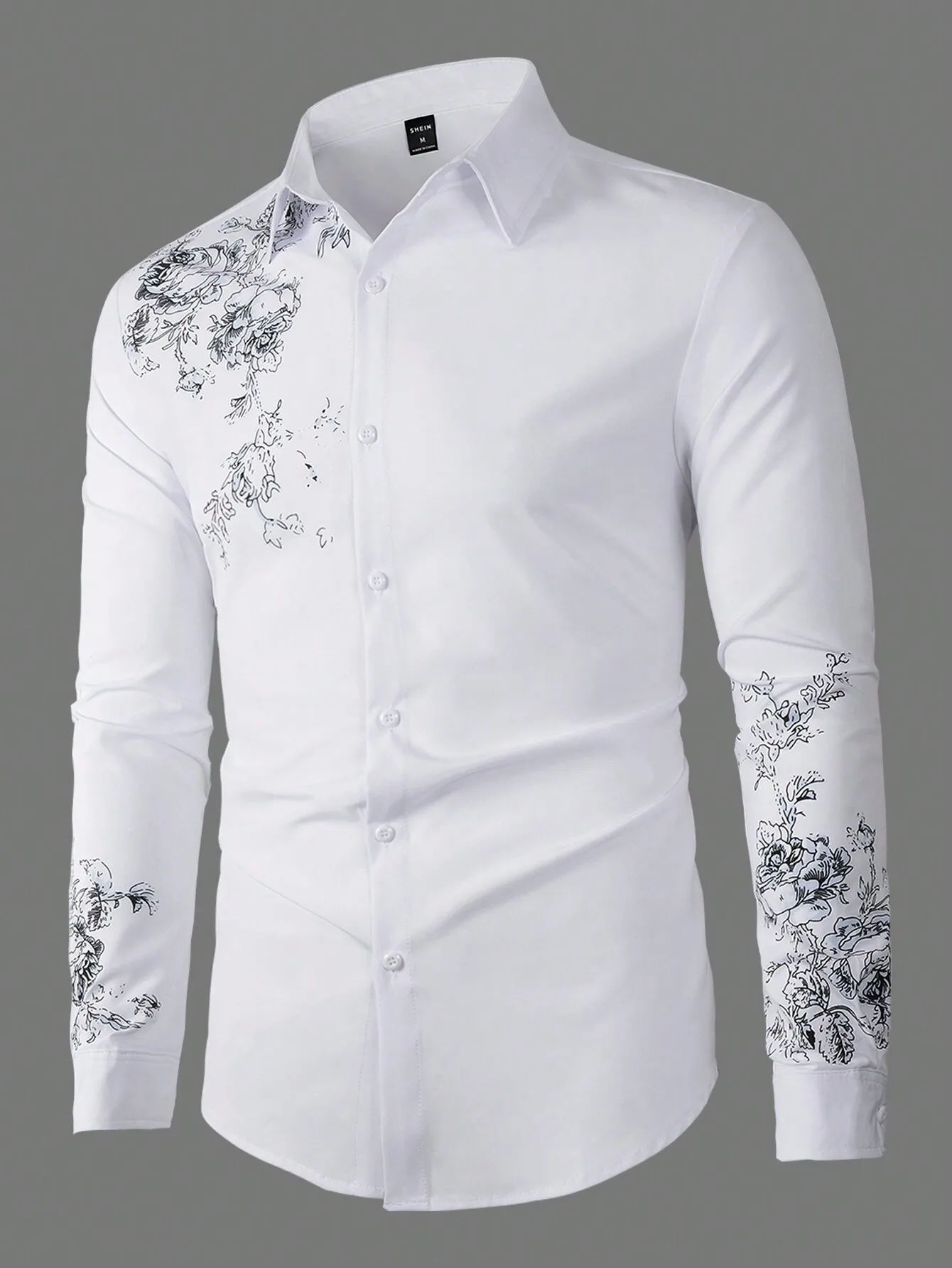 

Men's White Casual Shirt with Black Floral Sketch Print, Long Sleeve Button Front