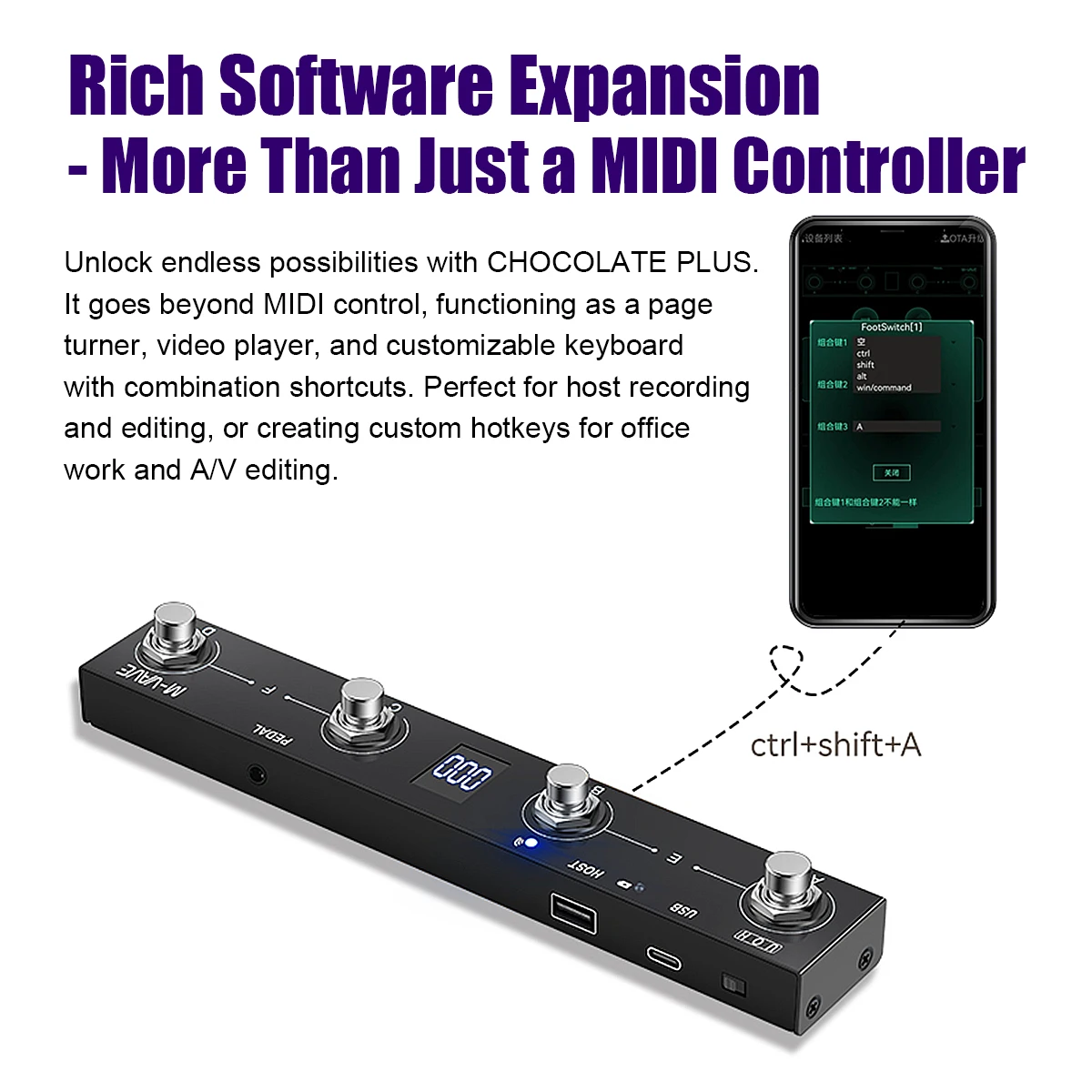 M-VAVE Chocolate Plus Black MIDI Controller – BLE, USB MIDI, Host Interface, 4 Footswitches, 16 Messages per Switch, 280g image 5