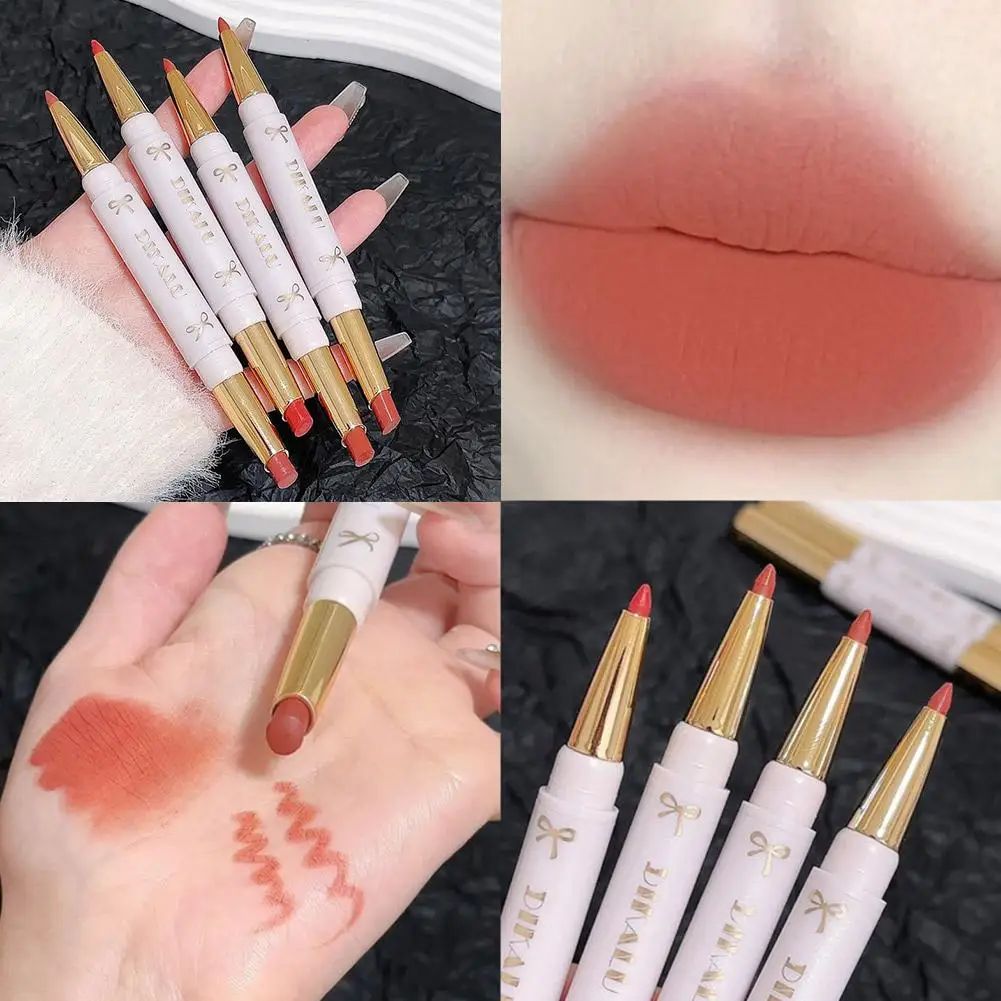 Delineador de labios de doble punta y lápiz labial líquido, terciopelo suave, resistente al agua, mate, maquillaje de larga duración, a prueba de duradera D0I6