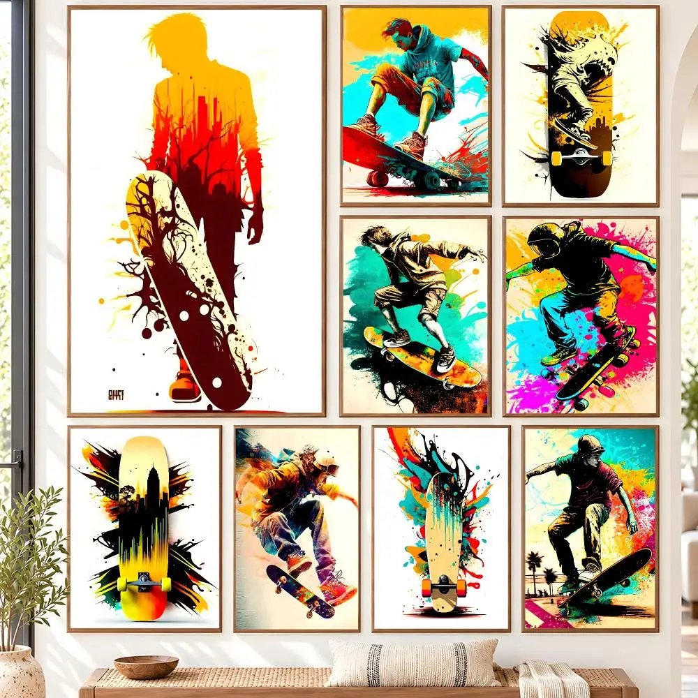 Colourful Skateboard Lover Extreme Sports Poster Self Adhesive Matte Wall Art Removable Home Room Decoration