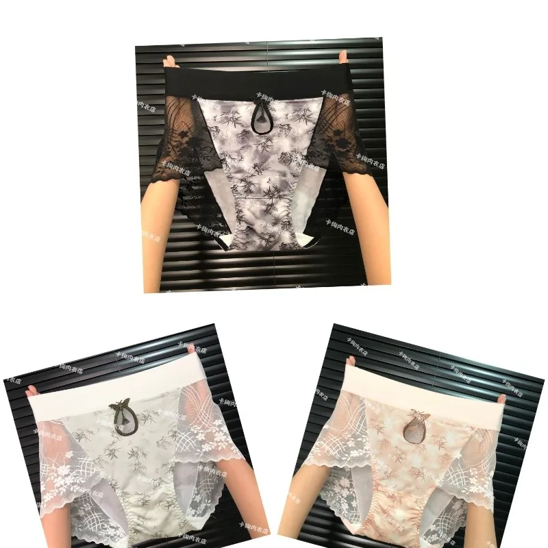 大きいサイズのパンティー、新中国風、中空デザイン、快適で通気性のある民族風プリント、シームレスでセクシーなレースメッシュ、女性用ブリーフ