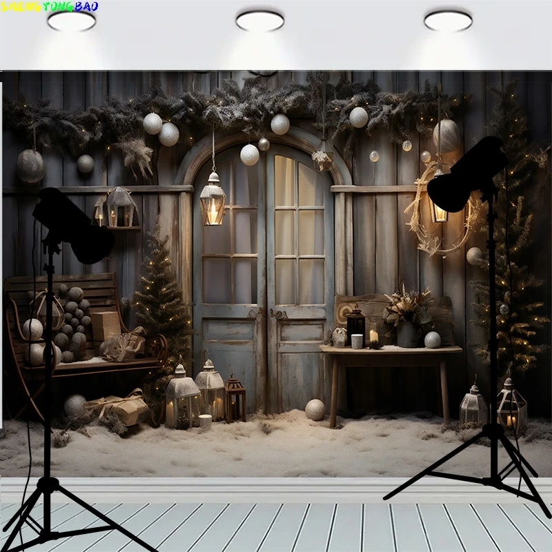 

Wooden Floor Window Background Christmas Day Fireplace Living Room Decoration Family Party New Year Photography Backdrops AC-09