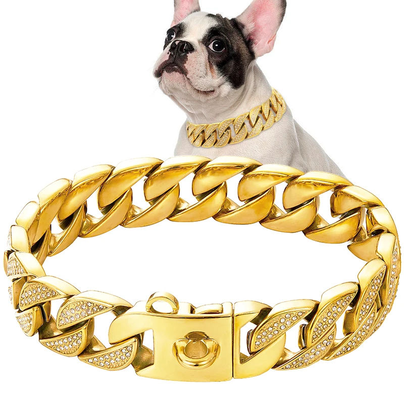 Heavy Duty Big Dog Collar Shiny 32mm Width Big Thick Chew proof Cuban Link Chain For Large Dogs Diamond Necklace Pet Gift