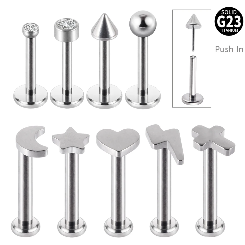 1PC G23 Titanium Push-in Threadless Labret Stud Flat Base Helix Ear Tragus Cartilage Earring Lip Body Piercing Easy To Wear