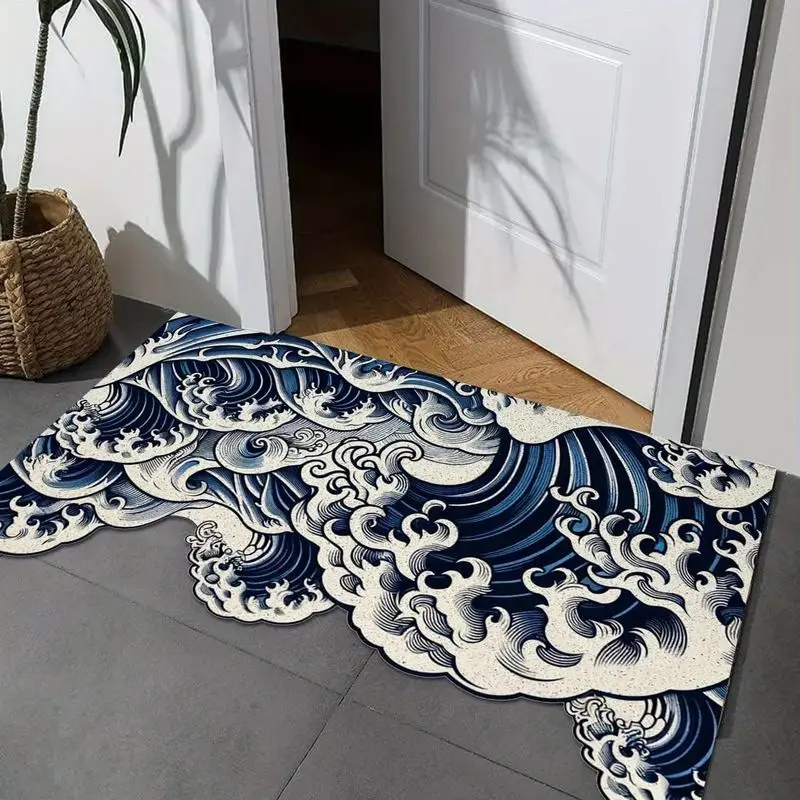 VIKAMA Japanese Ukiyo‑e Ocean Wave Doormat Irregular Edge Non‑Slip Wear‑Resistant Entryway Rug Indoor Outdoor Porch Home Decor