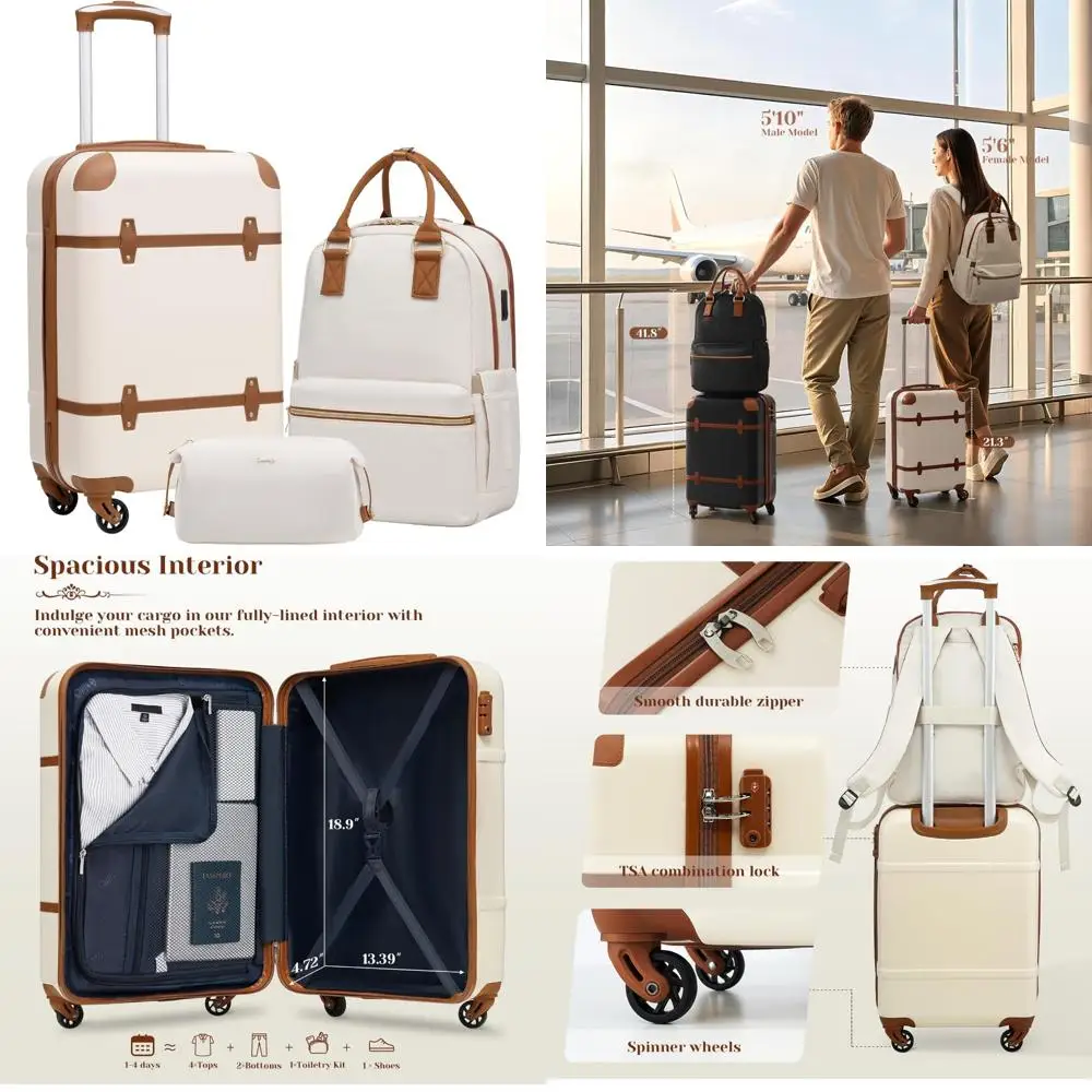 

3 Piece Hardside Spinner Suitcase Set with TSA Lock, Telescopic Handle, Carry-On Luggage, White Travel Luggage Set