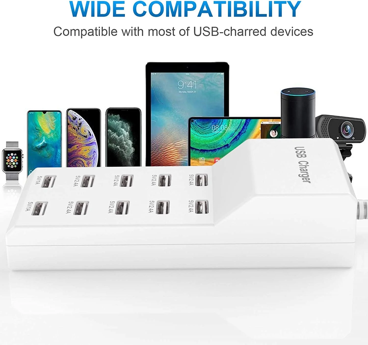 USB Charger 10-Port USB Charging Station for Multi Devices 50W USB Hub Adapter for iPhone Samsung Xiaomi Huawei Extension Socket