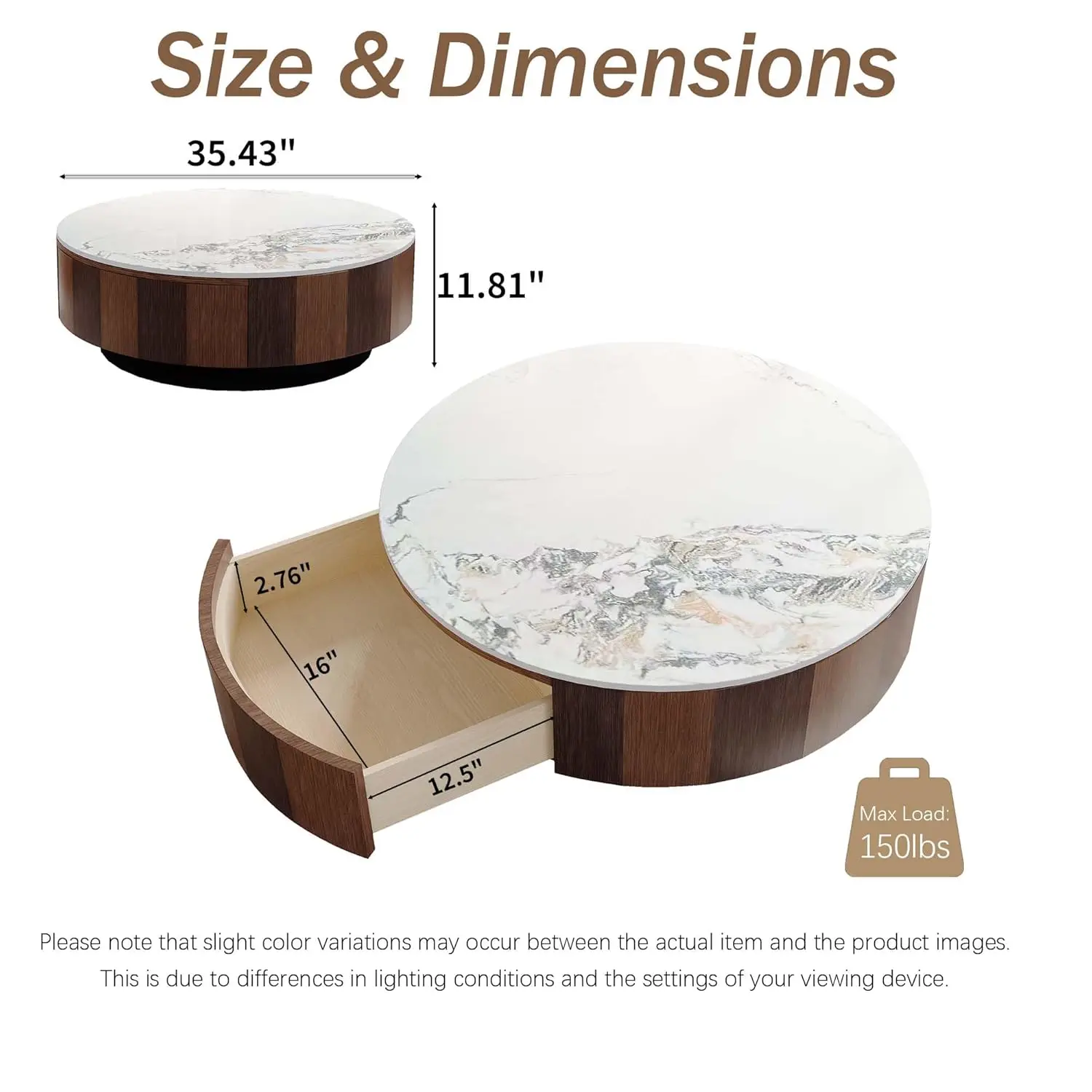 Round Storage Coffee Table 35.4" Mid Century Marble Top Wood Base Living Room No Assembly, Customized