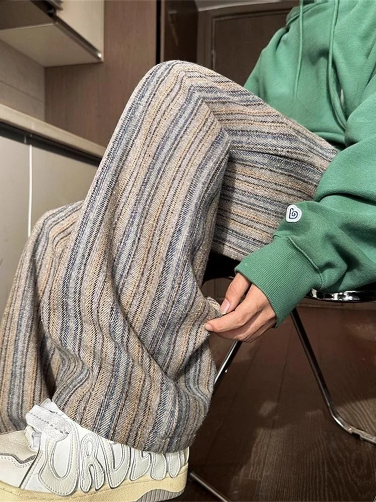 

Men's Woolen Casual Pants Thiened Fce Wide Leg American Retro Sle Autumn Winter Faion Brand Trendy Straight Long Tro...
