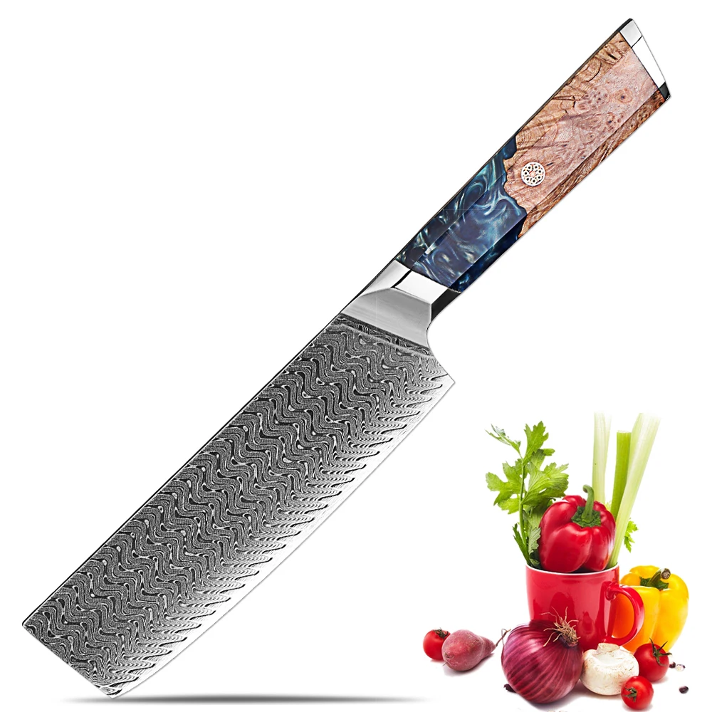 

Nakiri Knife Japanese 7 Inch Cleaver Knife,Damascus Steel Kitchen Chopping Knife with Blue Resin & Wooden Octagonal Handle
