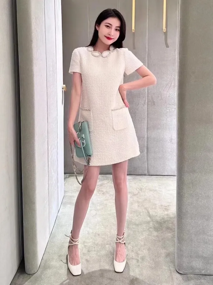 Office Ladies Elegant Tweed Dress Straight Short Sleeve Fashion French Style Women Dresses O-Neck Diamonds Zipper Casual Dress