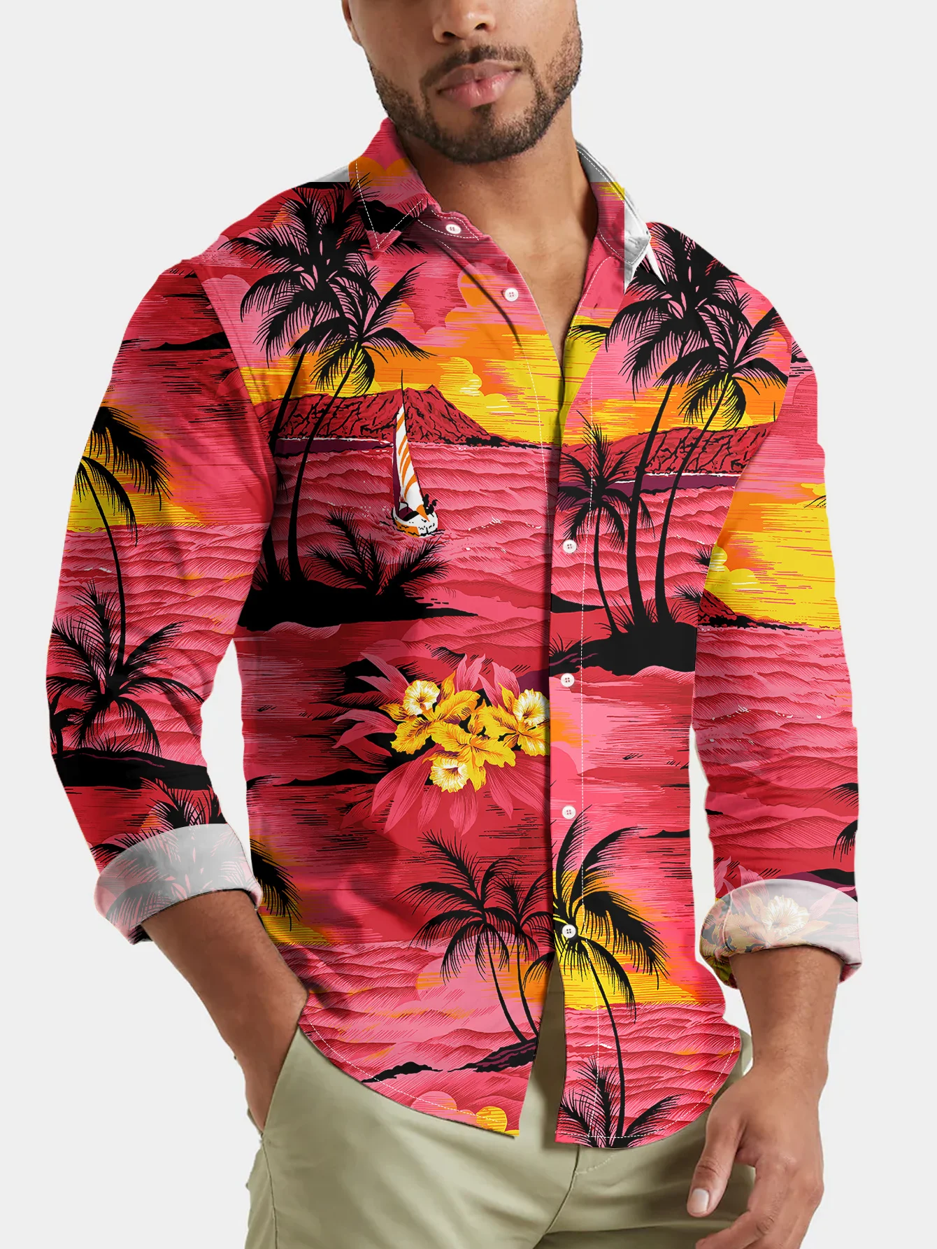 Men's New Fashion Casual Long Sleeve Shirt Men's Hawaiian Coast Printed Long Sleeve Hawaiian Shirt Lapel Single Breasted Shirt