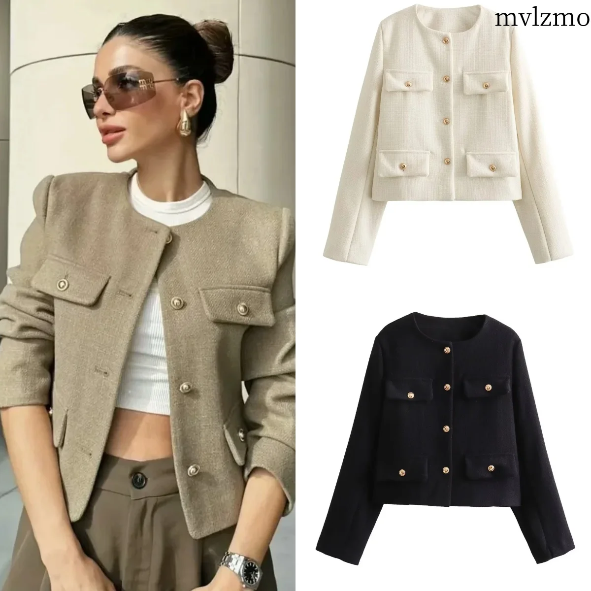 Women Fashion Autumn Winter Single-breasted Textured Round Neck Flip Pocket Short Jacket Coat Chic Ladies Tops Mujer