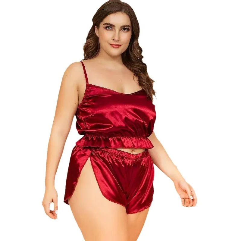 Plus Size Women Pajamas Set Camisole and Shorts Sleepwear Solid Color Silk Satin Spaghetti Homewear Loungewear Female Nightwear