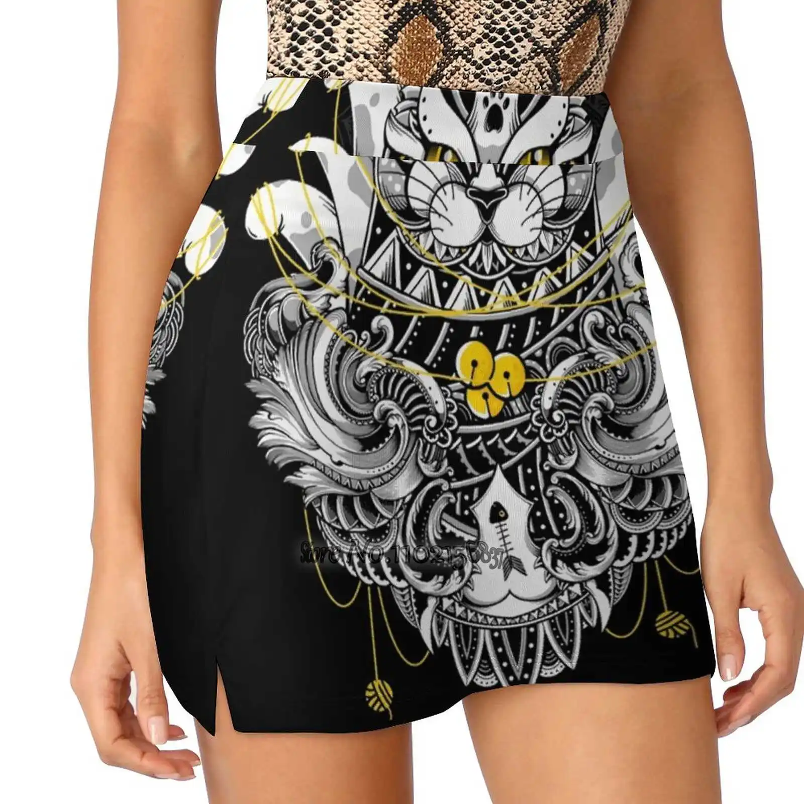 Sacred Ritual Women Mini Skirt Two Layers With Pocket Skirts Sport Fitness Running Skorts Cat Cats Animal Tattoo Black And