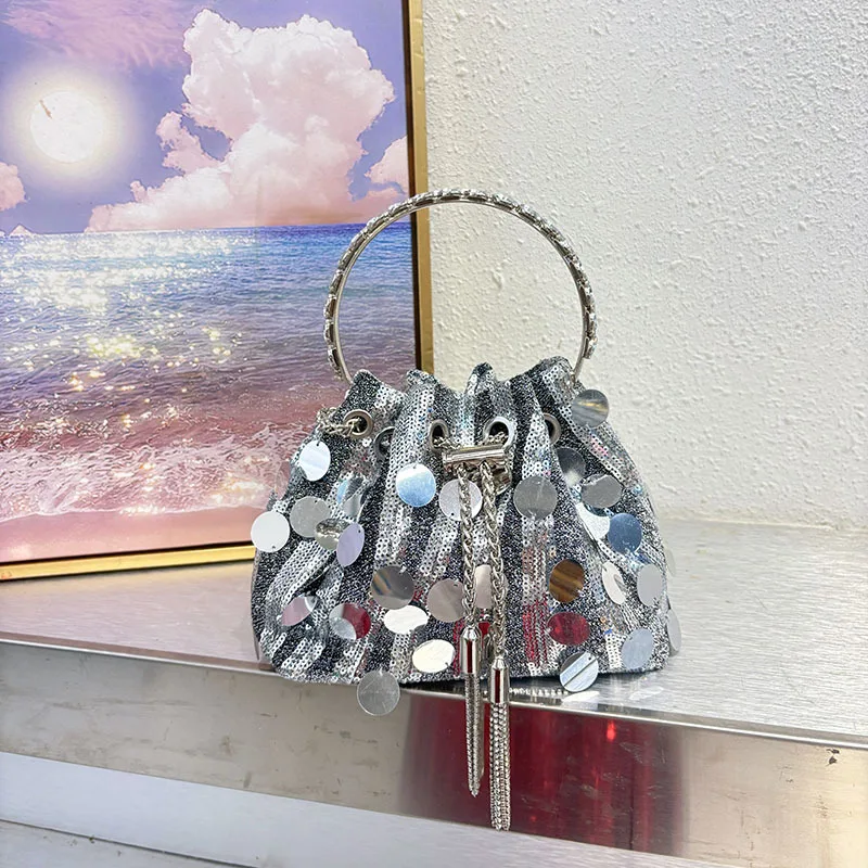 

Bright Sequined Evening Bags Fashion Colorful Chain Shoulder Crossbody Bags Metal Bucket Party Wedding Clutch