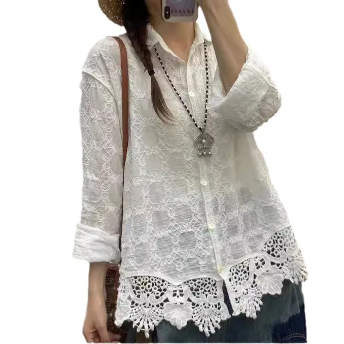 New Summer Cotton Long Sleeve Shirts Woman Lapel Embroidery LaceTop Mori Girl Casual Loose Fashion Blouses 2024 Autumn T474107QM