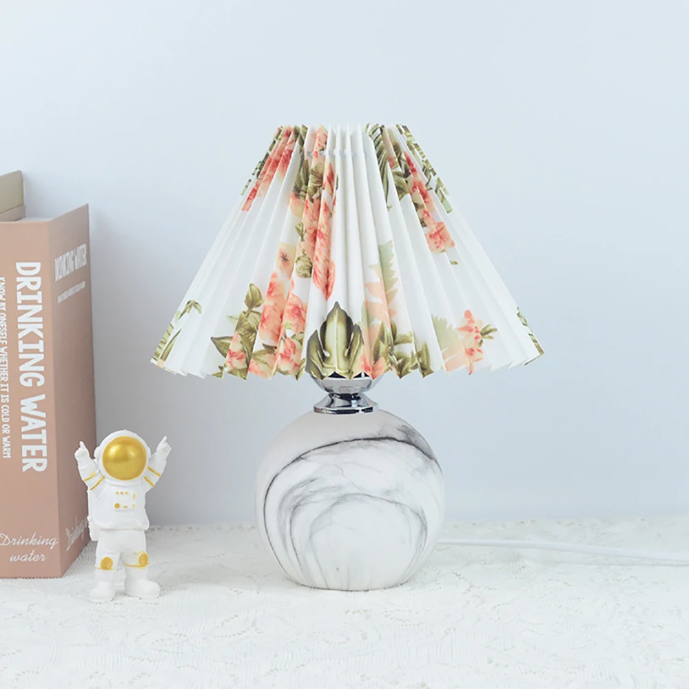 Vintage Pleated Table Lamp with LED E27 Tricolored Bulb Ceramic Base  AU US EU UK Plug Cute Decorative Night Light for Bedroom