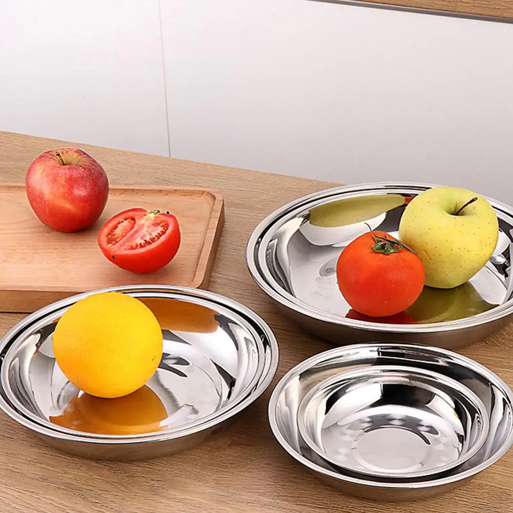 Large Stainless Steel thick Flat Round Dish tray Charger Plates Silver Serving Tray Cake Metal Deep Plate Dinner Dish Plate Sets